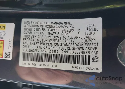 2022 Honda Civic Sport from USA, damaged, VIN 2HGFE2F55NH534559